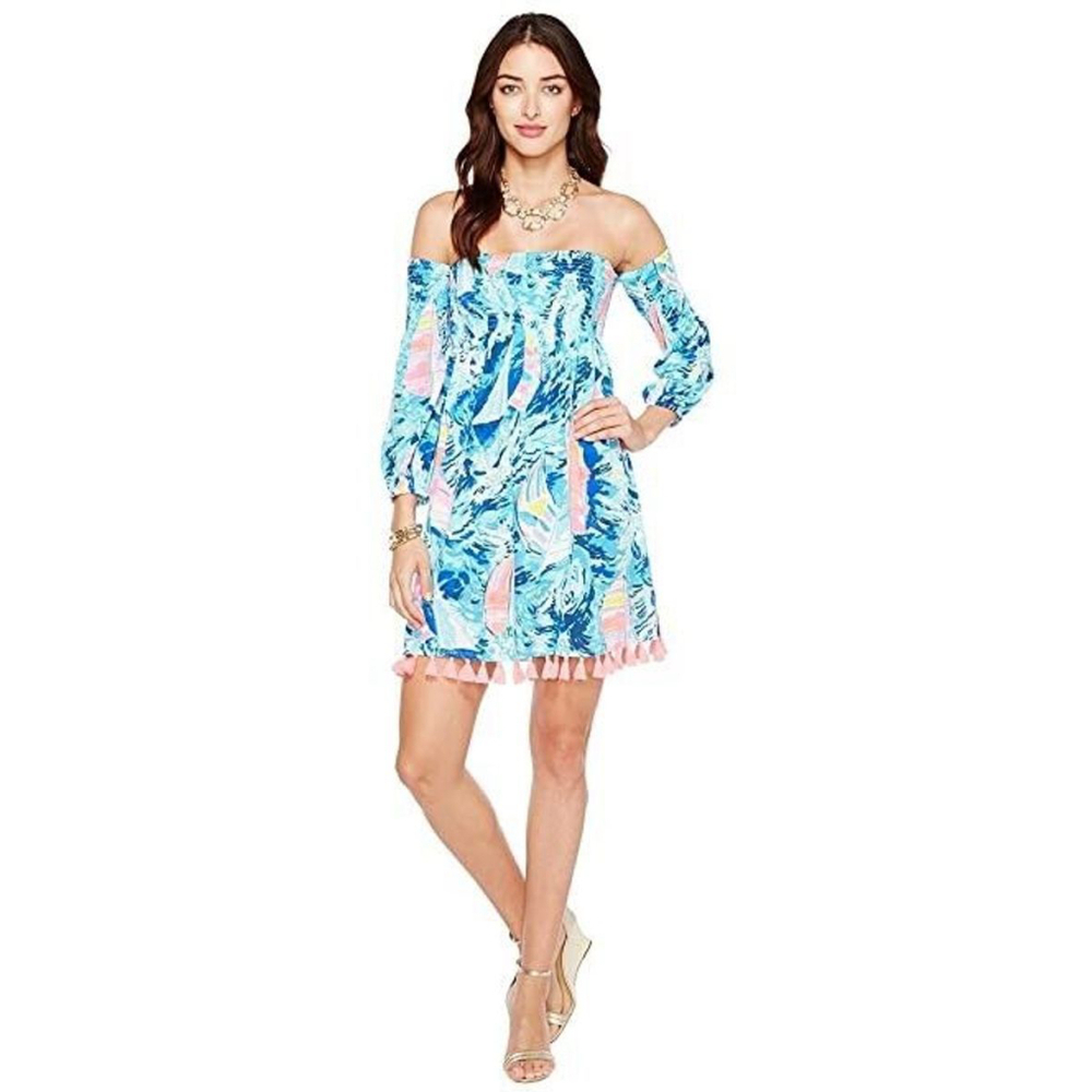 Lilly Pulitzer Trina Beach Mini Dress Smocked Resort Off Shoulder XS Hey Bay Bay